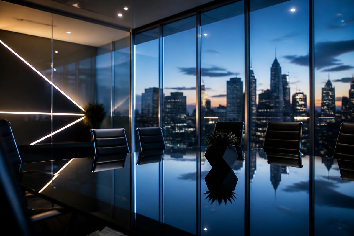 Modern corporate conference room at dusk with city skyline representing Thinknovum's growth and partnership vision