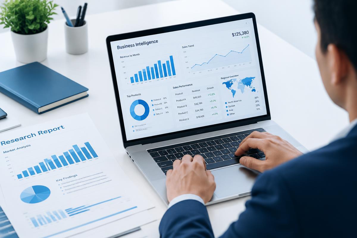 Analyst reviewing a research report and analytics dashboard