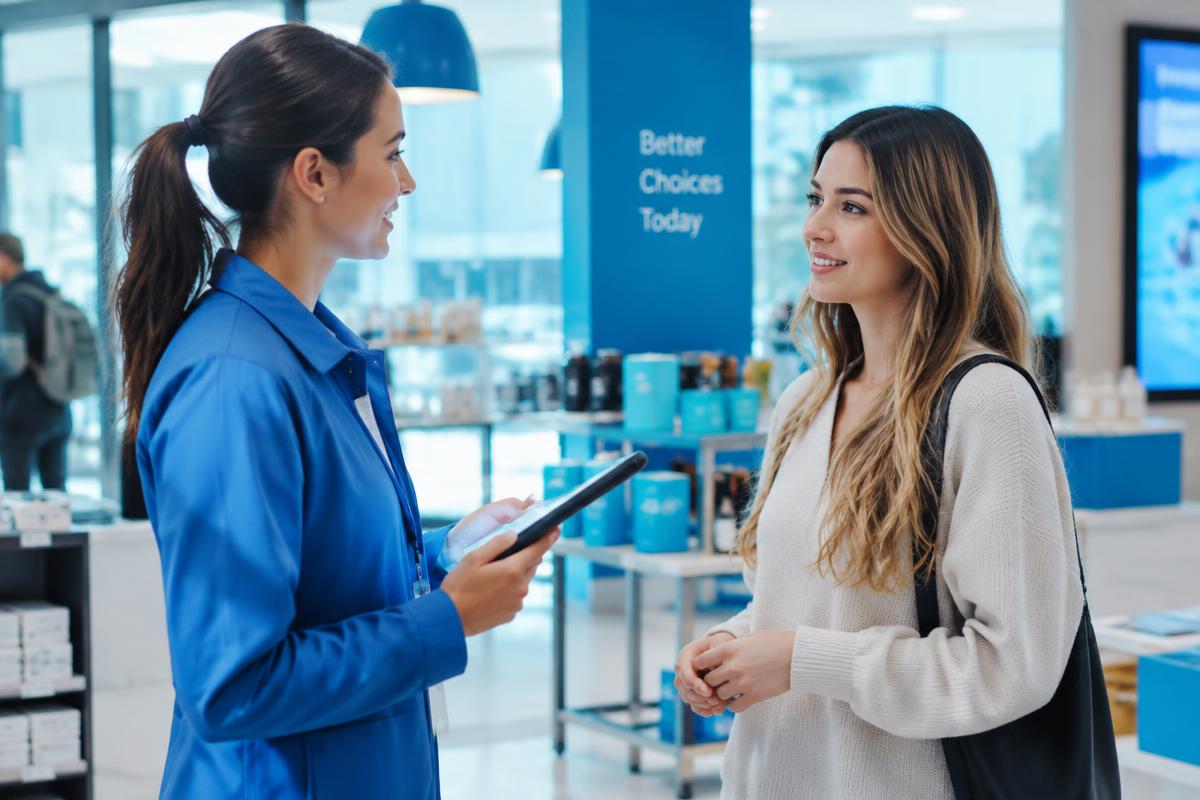Field researcher conducting an in-store survey interview